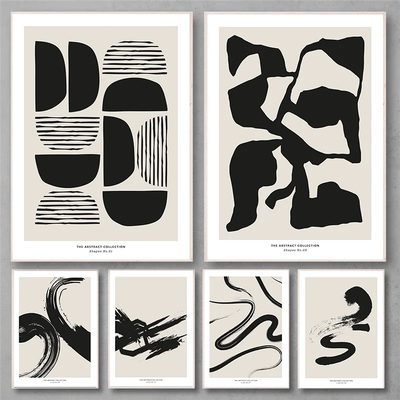Minimalist Paint Strokes Abstract Wall Art Print Black and Beige Line Scribbles Poster Mid Century Brush Geometric Picture Decor
