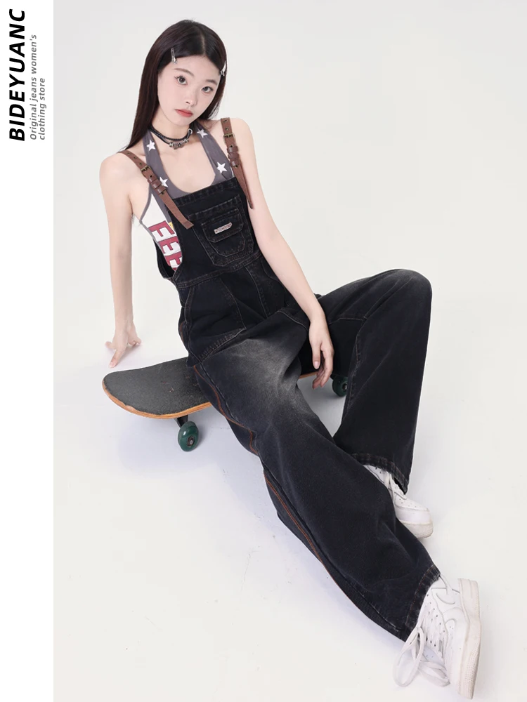 American Sle Denim-Overall für Damen, Übergröße, lockeres, weites Bein, schlankmachende Arbeitskleidung, Overall, hohe Taille, lang, Baumwolle, Polyester