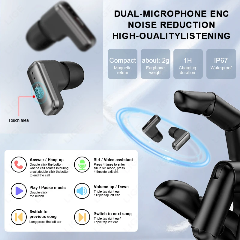 Men's LIGE TWS Smart Watch with Earbuds and Bluetooth Call