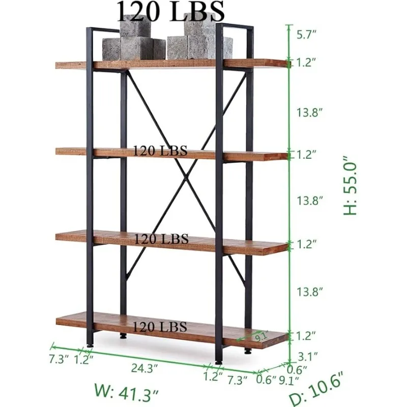 4 Tier Natural Real Wood Bookshelf, 4 Shelf Rustic Solid Wooden and Metal Bookcase, Farmhouse Open Vintage Industrial Etagere