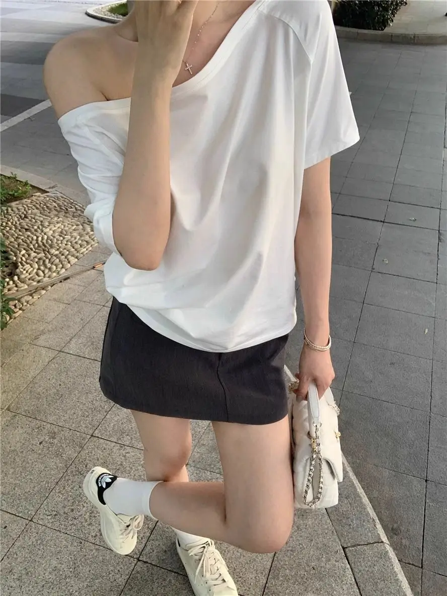 

Y2K Off Shoulder Asymmetric Crop Top | Loose Fit Tee | Solid Color Slimming Summer Shirt Women T-Shirt korean clothing plus size