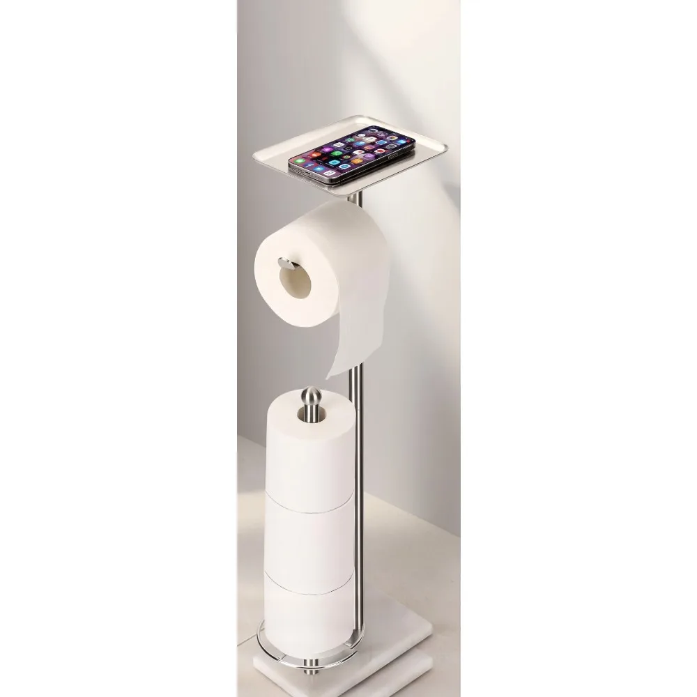 

Freestanding Toilet Paper Holder with Tray, Marble Base Holds 3 Extra Rolls, No Drilling Needed for Modern Bathrooms