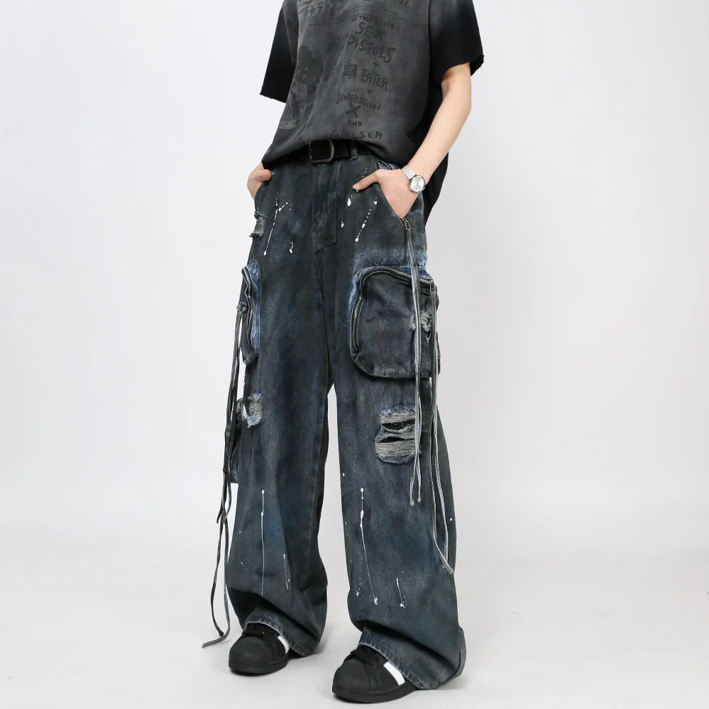 MWJLPWQ Y2K Spray-Painted Ribbon Jeans For Men American High Street Splatter-Ink Heavy-Duty Large-Pocket Niche Trousers 14426