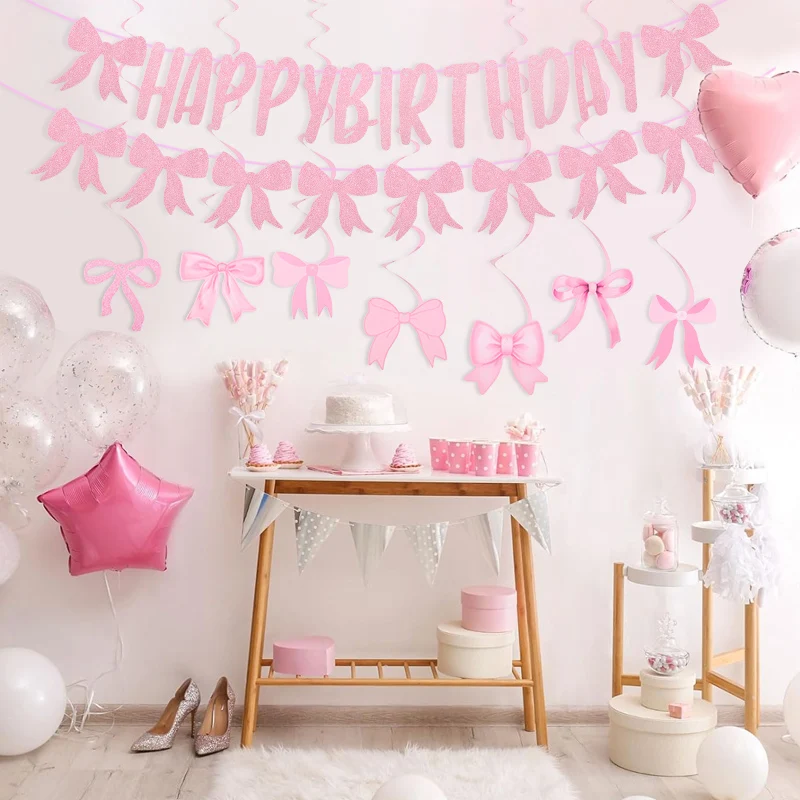 

Pink Bow Birthday Banner Girls Party Garland Decor Swirl Hanging Decorations For Baby Shower Wedding Kawaii Bday Photo Backdrop