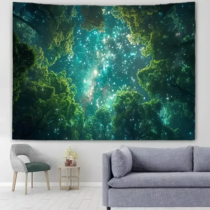 VIKAMA Magical Forest Starry Sky Tapestry, Green Galaxy Tree Top Night Wall Hanging for Bedroom Living Room Home Decor