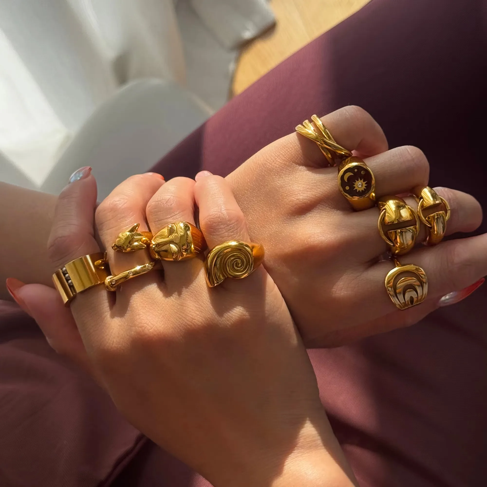 Anillos de circón redondos ahuecados con cara de Caracol chapada en oro de 18k de acero inoxidable con diseños múltiples para mujer, joyería Bohemia sin deslustre