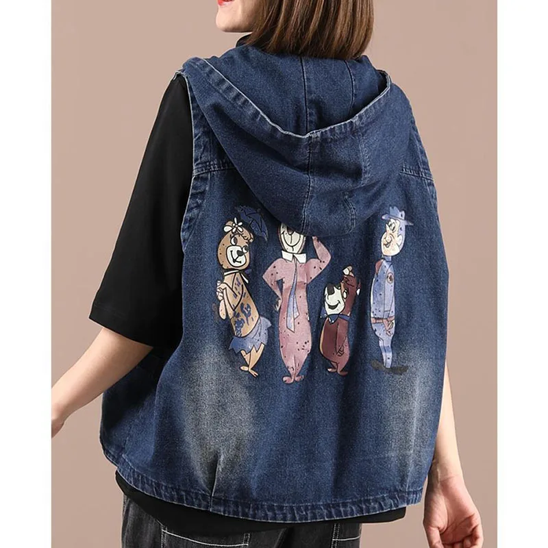 Wiosna Jesień Kobiety Drukowanie Kowbojska kurtka bez rękawów Koreańska damska kamizelka dżinsowa z kapturem Top 2025 Femme Moda Krótka kamizelka Płaszcz