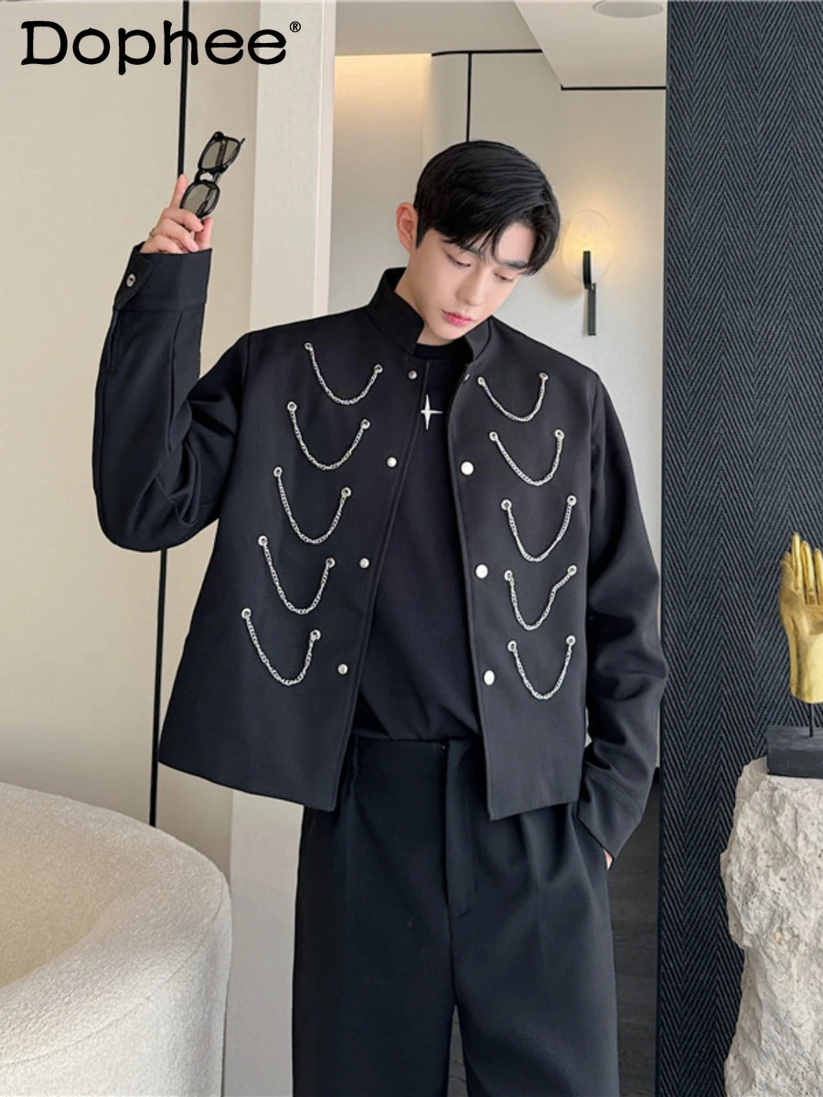 

2024 Autumn New Metal Chain Decorative Stand Collar Jackets Men's Versatile Handsome Trendy Male Long-sleeve High Street Jacket