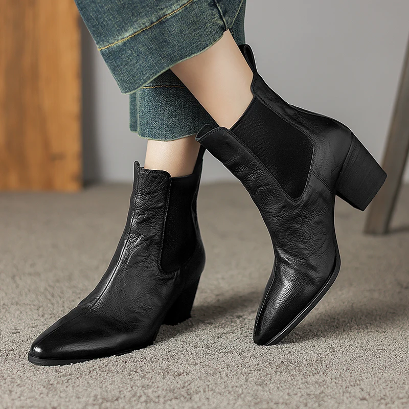 Elegant Women Shoes Genuine Leather Ankle Boots High Heels Short Basic Boots Pointed Toe Warm Autumn Winter Shoes Woman Boots