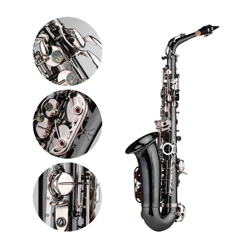 Professional Brass Bend Eb E-flat Alto Saxophone Sax Black Nickel Plating Abalone Shell Keys with Carrying Case Gloves