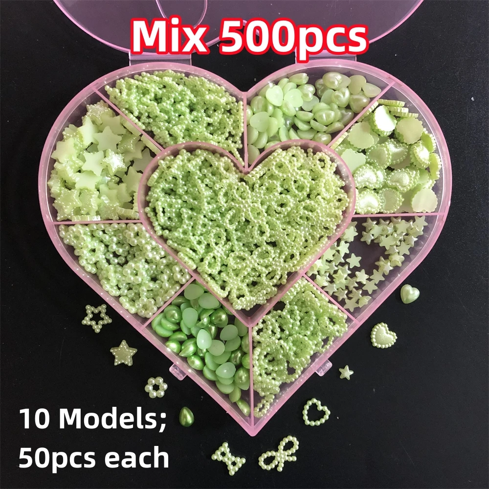 

Bulk Supply 500pcs Green Hollow Pearl Heart Star Bow Nail Art Charm Gem Accessories Short square French Ballet Almond Decoration