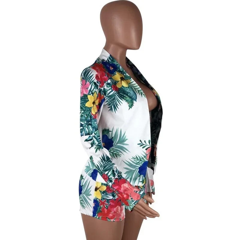 Blazer de bureau décontracté sans boutons pour femmes, short taille haute, imbibé de bande élastique, blazer floral d\'été, ensemble 2 pièces, mode