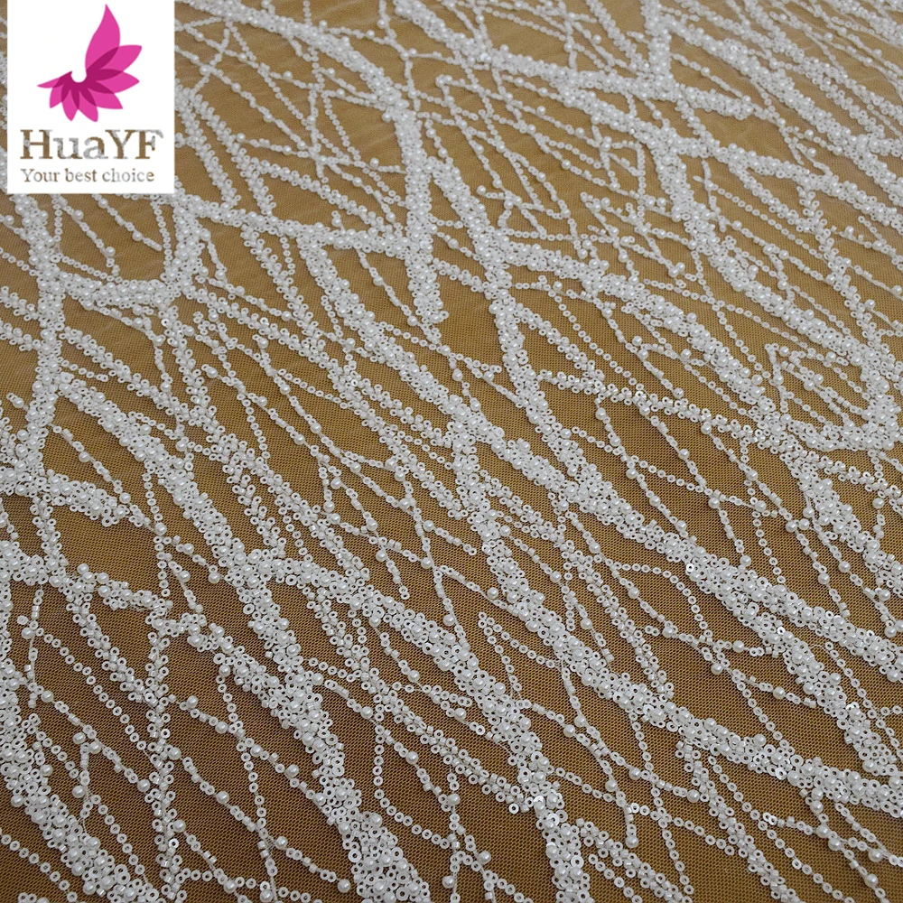 

1 ярд, горячая распродажа, французская белая жемчужная полоска, бусины, блестки, кружевная ткань для свадебного платья HY2671