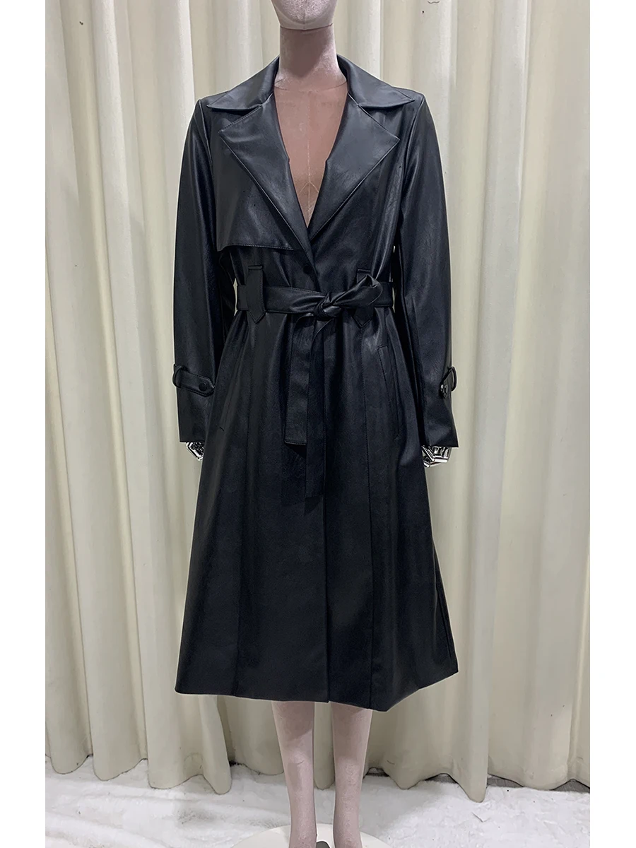 Spring Autumn Long Waterproof Fitted Soft Black Pu Leather Trench Coat Women Sashes Slim Fit Elegant Luxury Chic Clothing 2025