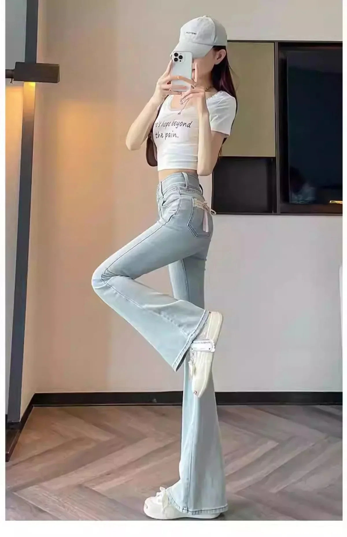 2025 New Arrival Women\'s Light Peach Butt Flare Jeans Summer Thin High Waist Petite Butterfly Knot Bell-bottoms