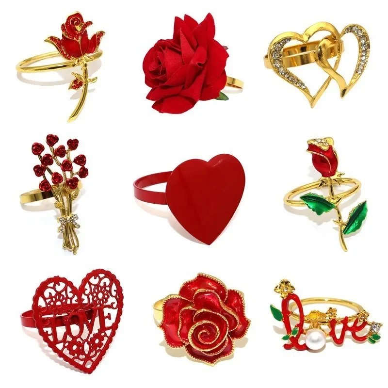 

Valentines' Day Napkin Ring Red Love Heart Metal Napkin Buckle Rose Flower Dinner Table Ornaments 2025 Valentines Day Wedding