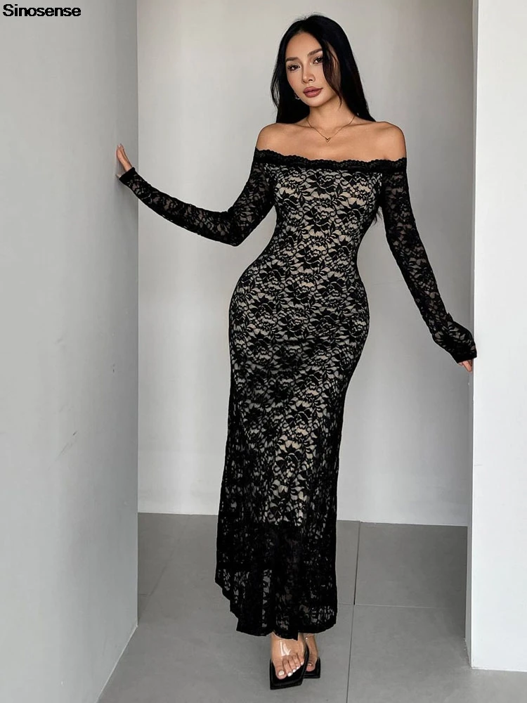 女性用オフショルダーボディコンマキシドレス、花柄レース長袖、秋のドレス、エレガントなロングイブニングドレス、結婚式のゲスト、カクテルパーティードレス