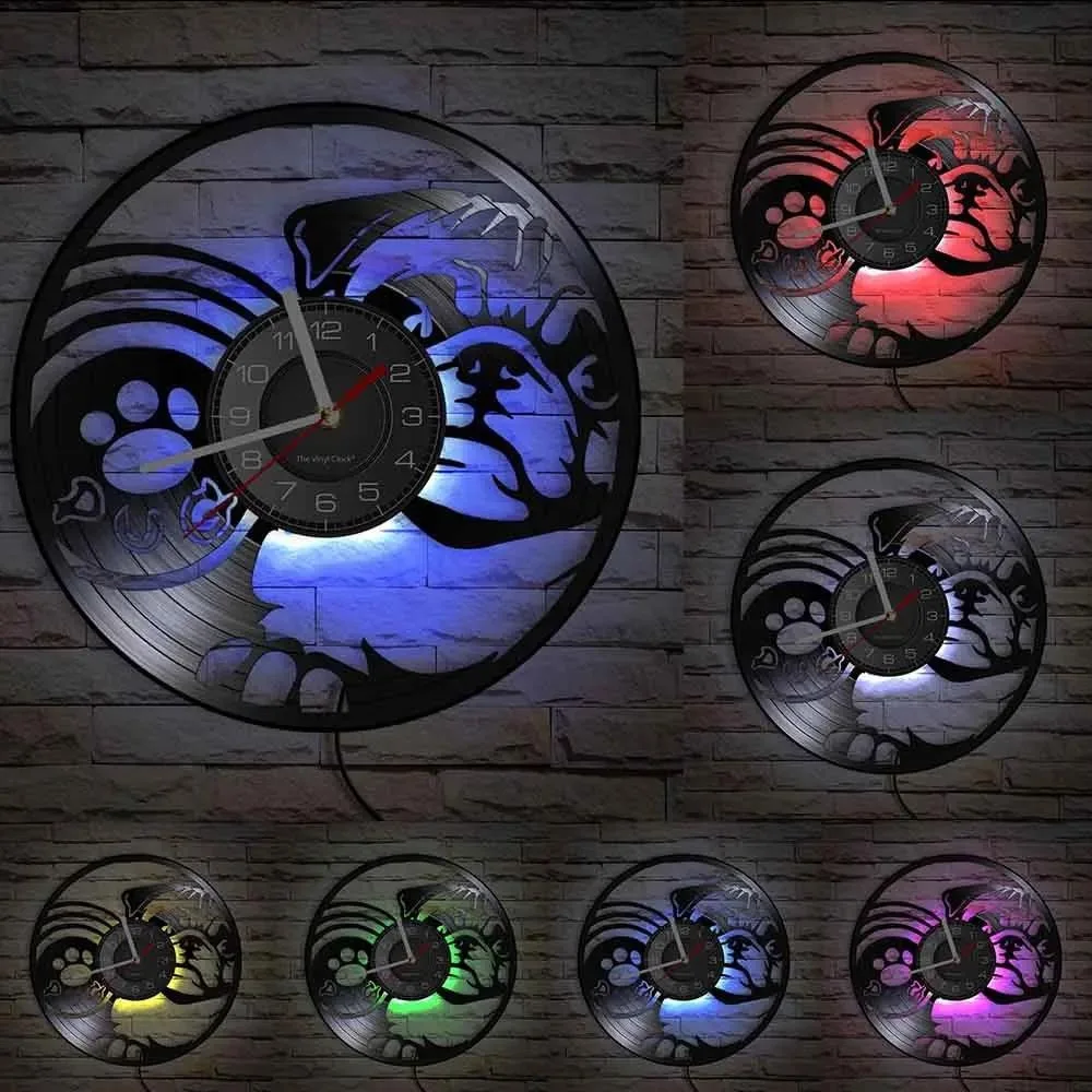 Pug Dog Vinyl Record Wall Clock Cute Puppy Paw Print Retro Laser Cut Wall Clock Creative Gift for Dog Owners Pet Lovers