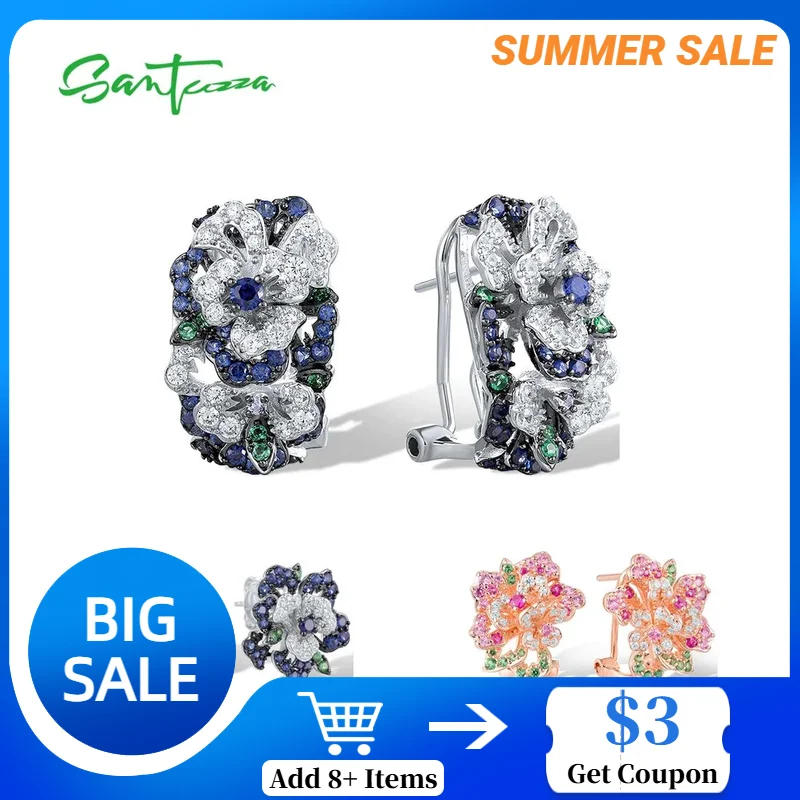 

SANTUZZA Real 925 Sterling Silver Clip-On Earrings For Women Sparkling Colorful Gems Flower Gorgeous Wedding Fine Jewlery Gifts