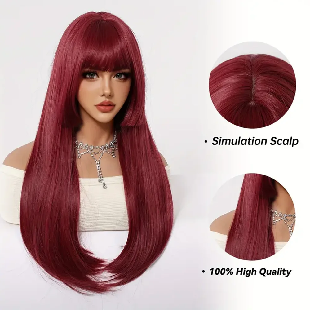 GEMMA Synthetic Wine Red Long Straight Hair Wig with Bangs Princess Cut Burgundy Cosplay Lolita Wigs for Women Heat Resistant