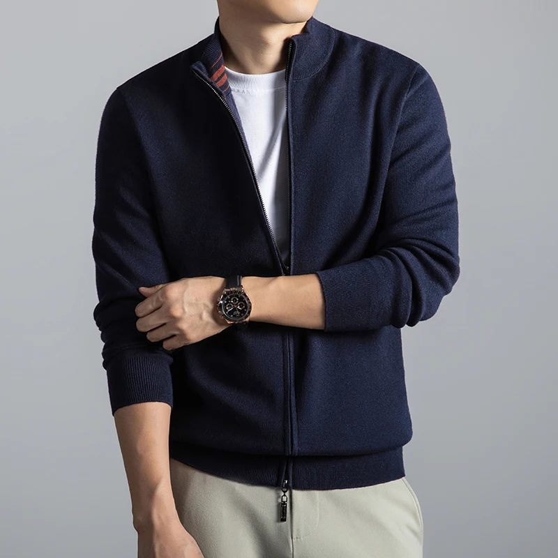 Thick Men Sweater Cardigan Autumn Winter Classic Stand Collar Warm Knit Jacket Long Sleeve Trendy Zipper Sweater Wool Blend Coat