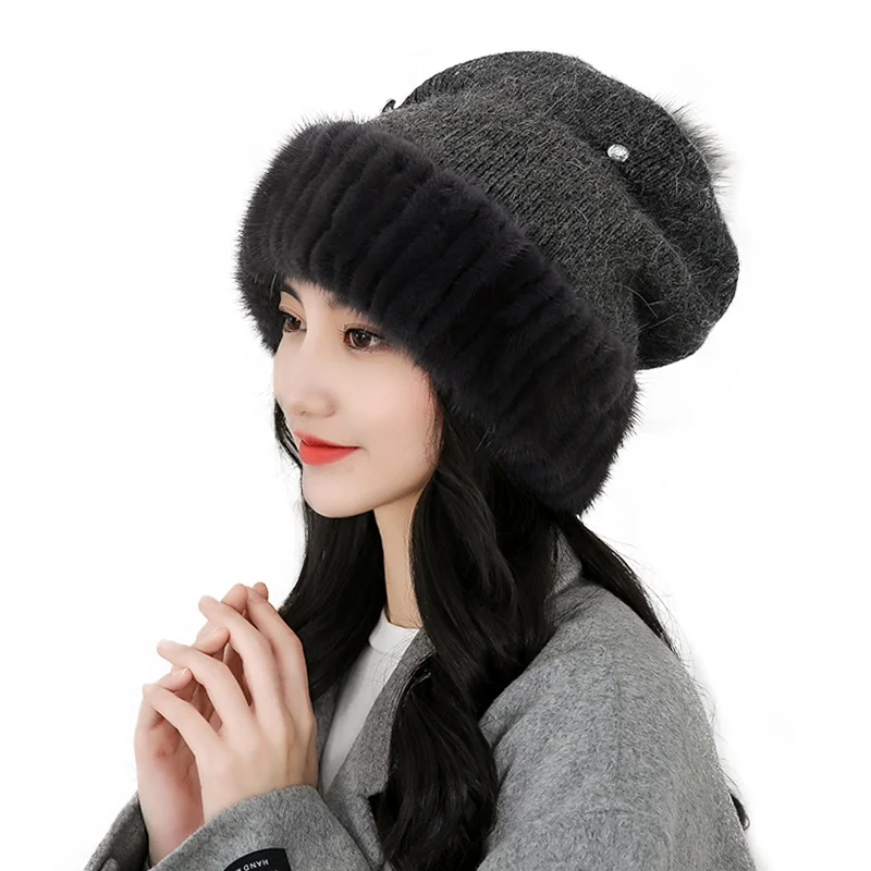 Women's Winter Hat Warm Real Mink Fur Hat Snow Cap Hats For Women Girls Real Fur Knit Skullies Beanies Knitted Fur Hats