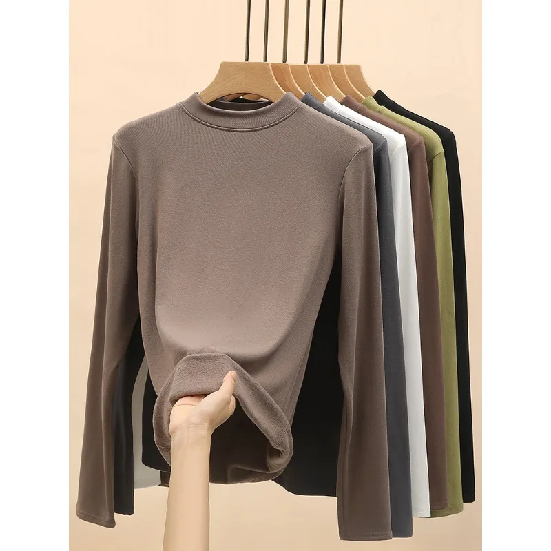 

Женский белый термотоп с получерепаховым воротником на флисовой подкладке, утолщенный облегающий базовый слой с начесом и длинными рукавами на осень-зиму