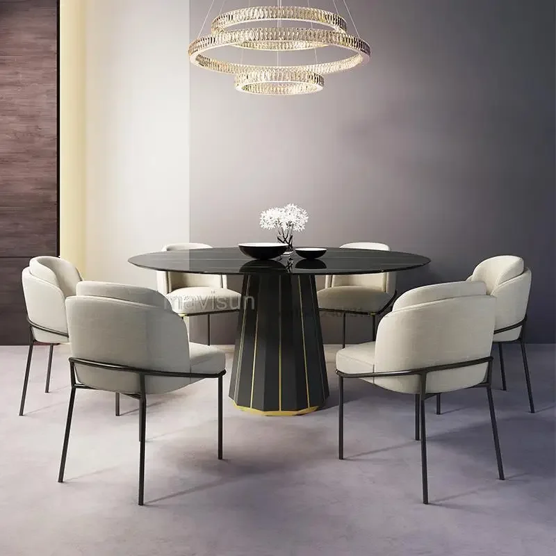 

Round Dining Table Minimalist Circle Table Living Room Black Stone Marble Rural Style Dining Chair 6 People Restaurant Furniture