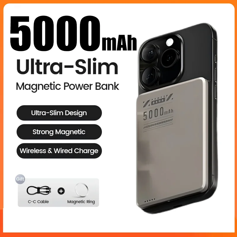 Magro Banco de Potência Carregador Portátil, Qi Magnético Sem Fio, Super Carregamento Rápido, Powerbank para iPhone, Xiaomi, Samsung, Novo, 5000mAh, 2024