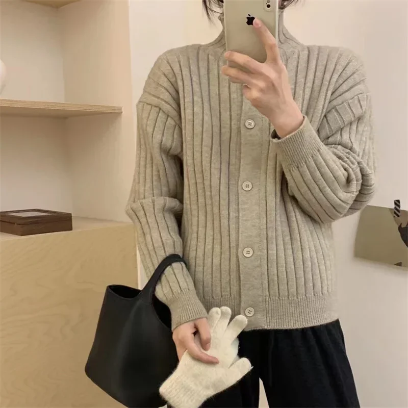 

Women's Loose Lazy Style Solid Color Sweater Jacket Autumn Winter French Style High Collar Single Button Knitted Open Cardigan