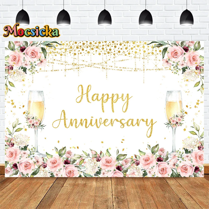 Mocsicka Happy Anniversary Photography Background Birthday Party Indoor Banner Custom Backdrop Champagne Floral Banner Props