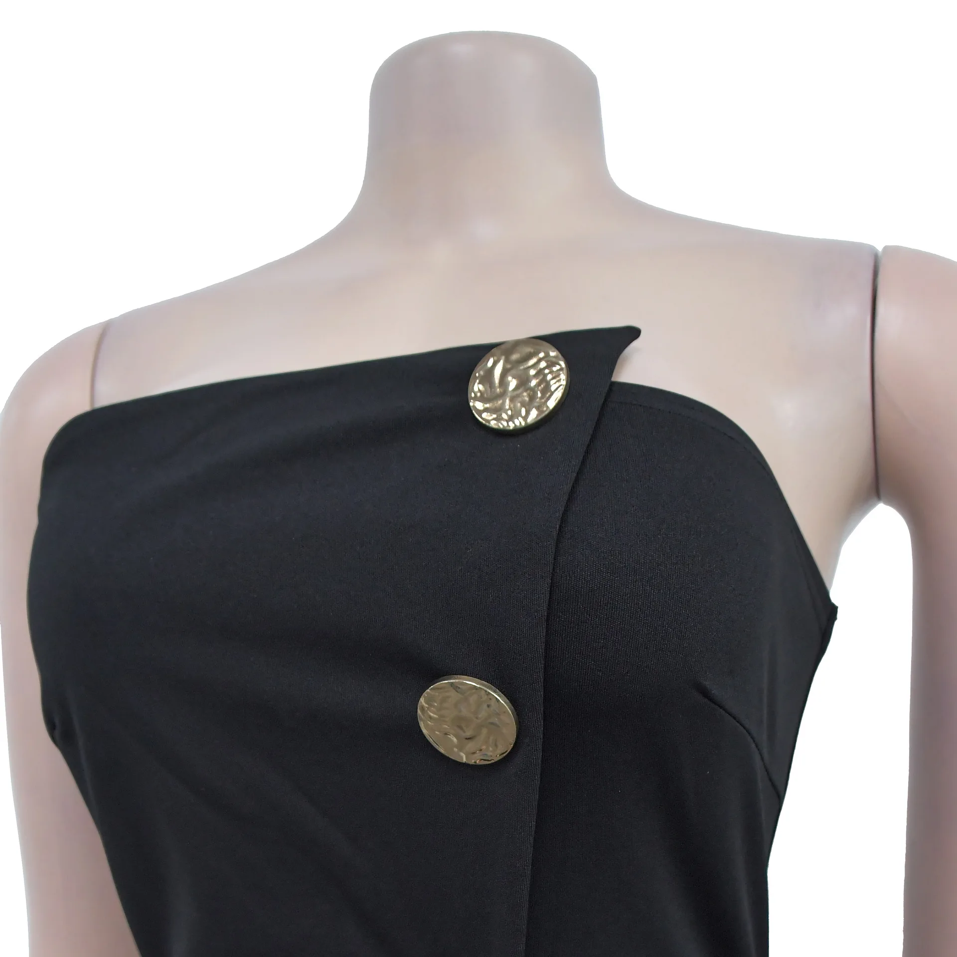Mulheres fora do ombro assimétrico bandeau sem alças botão de metal decoração cintura alta perna larga casual uma peça macacão