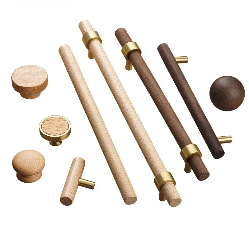 YM Luxury Pure Copper Kitchen Cabinet Knob Natural Walnut Beech Wooden Furniture Handle Wardrobe Cupboard Drawer Pulls