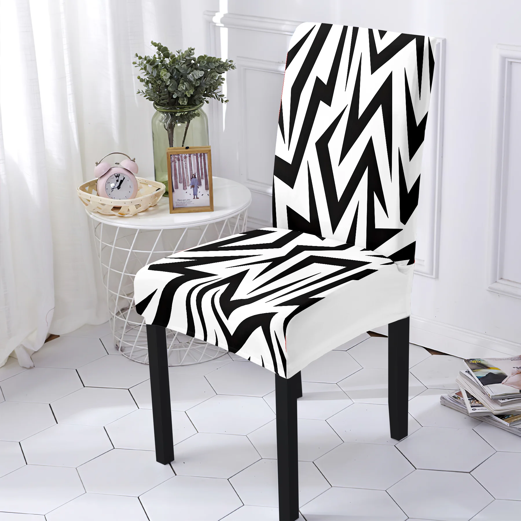 2026 New Elastic All - inclusive Chair Cover, Stylish Black - White Zigzag Pattern, Washable & Fade - Re