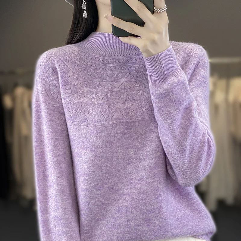 Womens New Wool Hollow Out Half High Collar Knitted Sweater Long Sleeve Autumn Winter Fashion Base Layer Pure Line Apparel Blous