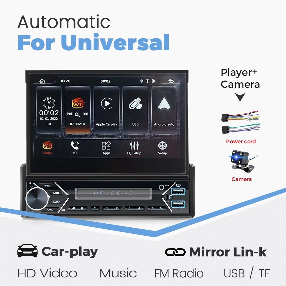 Mekede 1din 7 "Intrekbaar Touchscreen Mp5 Autoradio Speler Auto Draadloze Carplay Android Auto Spiegel Link Video Usb Speler