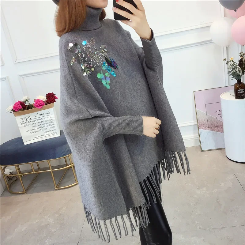 

Christmas Sequins Knitted Shawl Sweaters 2024 Women Fashion Autumn Winter Warm Wrap Swing Turtleneck Long Sleeve Loose Sweater