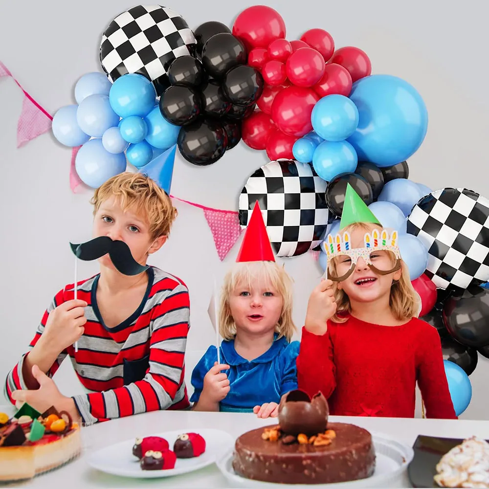 Racing Balloon Arched Garland Set Red Blue Black Checkered Flag Aluminum Foil Balloon Racing Theme Two Times Fast 2Th Birthday Racing Theme Party