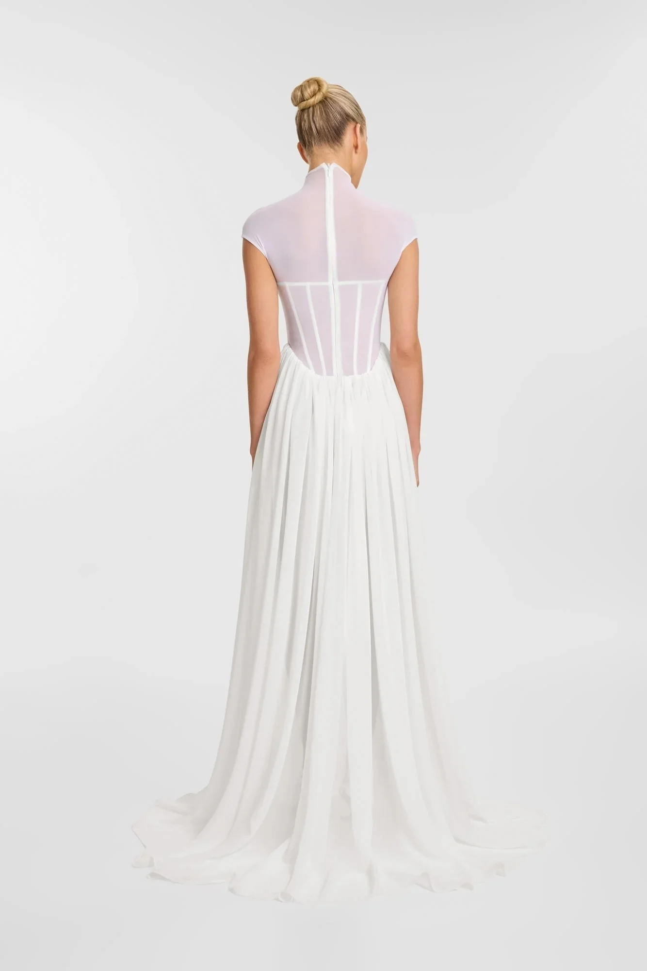 Weiße Farbe, sexy Netzstoff, durchsichtig, langes, hauchdünnes Kleid, anmutiges Damen-Hochzeitskleid, Urlaubs- und Berufungsoutfit