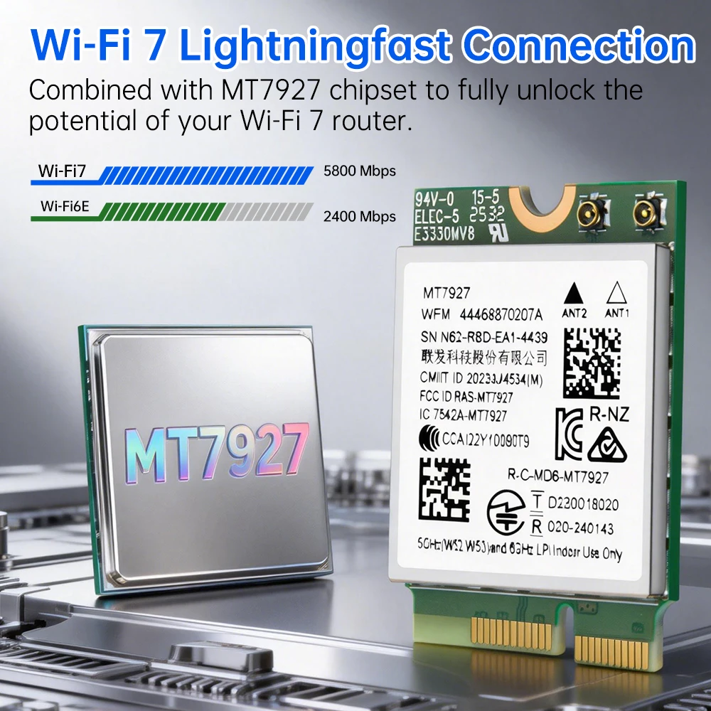 Karta Fenvi WiFi 7 MT7927 M.2 8774Mbps Bluetooth 5.4 Tri-Band 2.4/5/6GHz WiFi7 Bezprzewodowy Adapter Sieciowy dla Win11 z Anteną — zdjęcie produktu 2