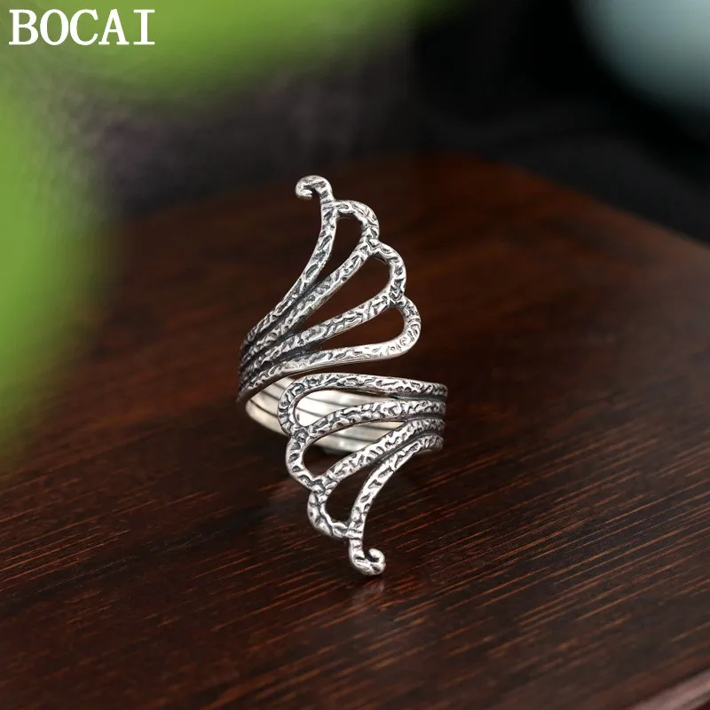BOCAI New S925 Sterling Silver Jewelry Exaggerated Personality Hollow Out Ring Women's Selected Gift