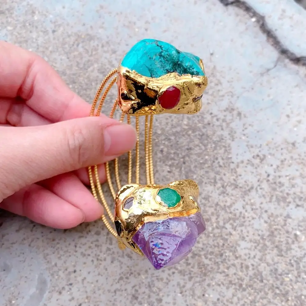YYGEM Natural Purple Amethyst Druzy Green Turquoise Gold Plated Bangle Bracelet