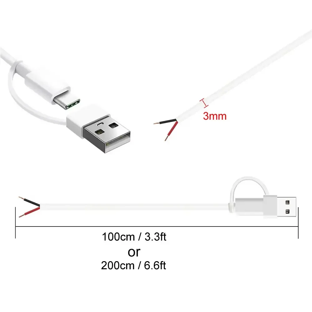 كابل ضفيرة من النوع C ثنائي النواة، وصلة كابل USB إلى 2Pin عارية كابل طاقة DIY سلك شحن USB C 5 فولت للاستبدال أو الإصلاح