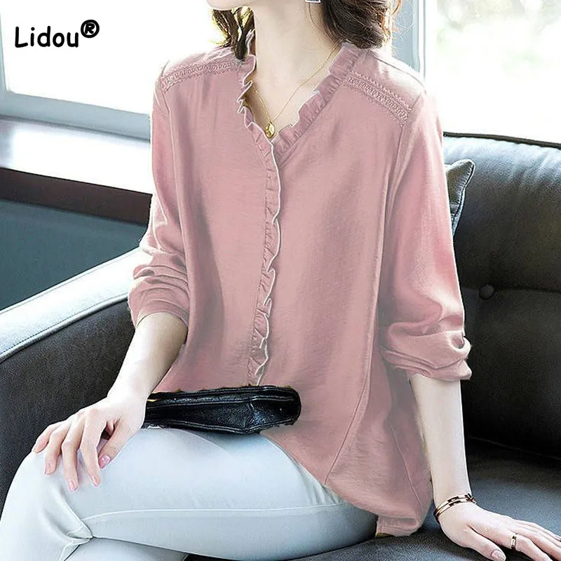 

Simplicity Casual Women's Long Sleeve Shirt Spring Loose Fashion Spliced V-Neck All-match Solid Color Blouse Female Clothing