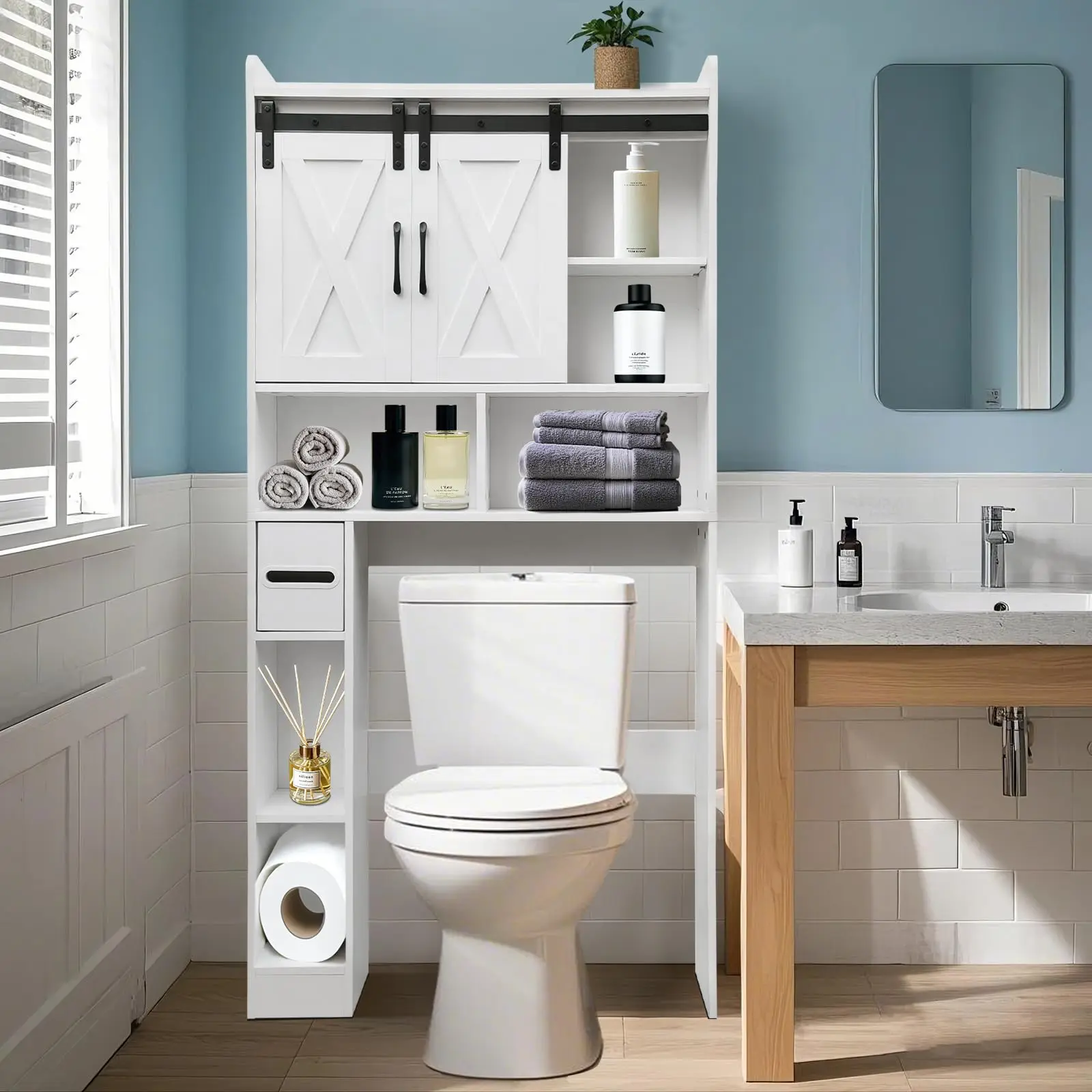 

Over The Toilet Storage Cabinet,Farmhouse Storage Cabinet Over Toilet with 2 Door & Toilet Paper Holder Stand Space-Saving Rack