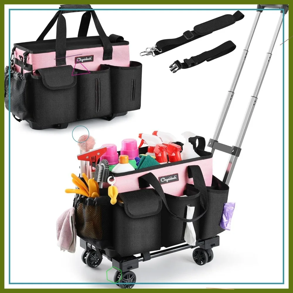 

Rolling Cleaning Caddy with Trolley, Wearable Tote Bag on Wheels, Hard Bottom, Pink