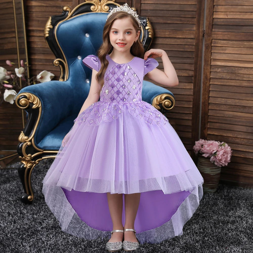

Purple girl sequin long sleeved evening dress from 3 to 12 years suitable for birthday parties, princess trailing dress
