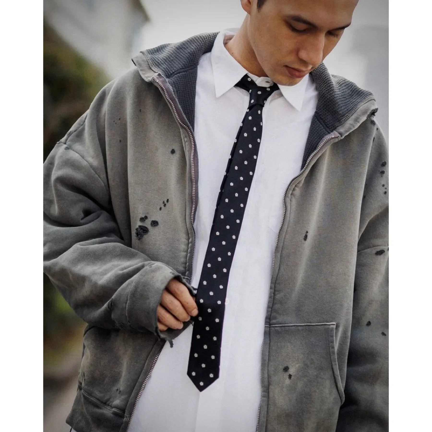 [Saint] heavy wash gradual change damage waffle lining, zipper hooded sweater hoodie