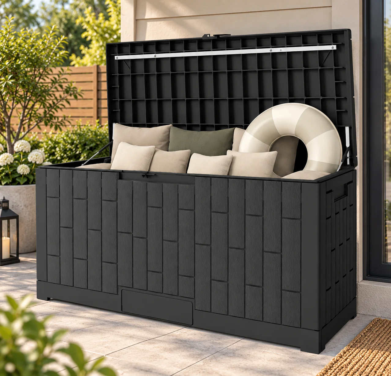 120 Gallon Outdoor Storage Box Waterproof Resin Patio Deck Box with Gas Strut Lockable Lid And Hidden Handles for Patio Deck Poolside