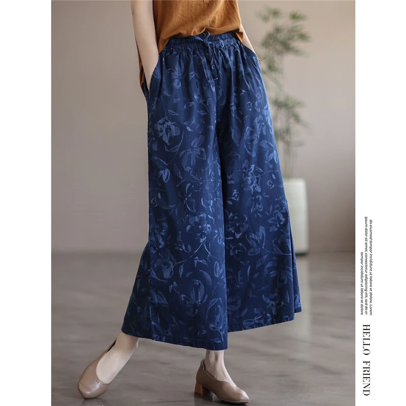 Pantaloni a gamba larga eleganti in cotone con stampa stile etnico Vintage da donna 2023 pantaloni corti larghi a vita alta estivi Pantalones De